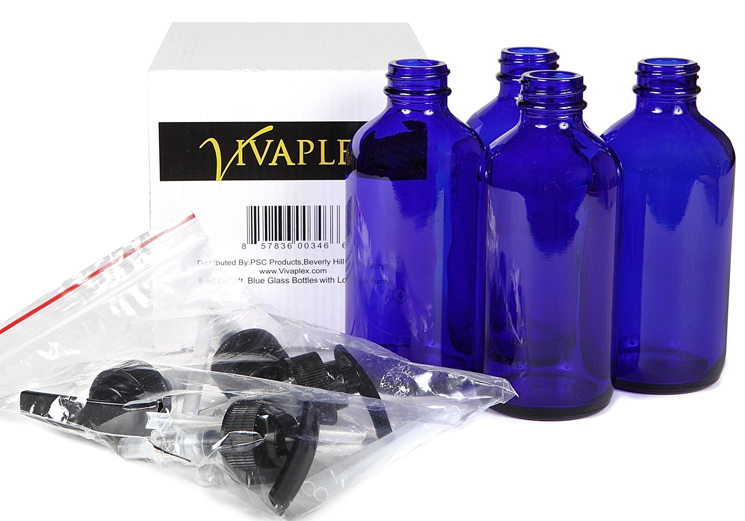 Vivaplex four-pack empty cobalt blue bottles for reusable packaging.