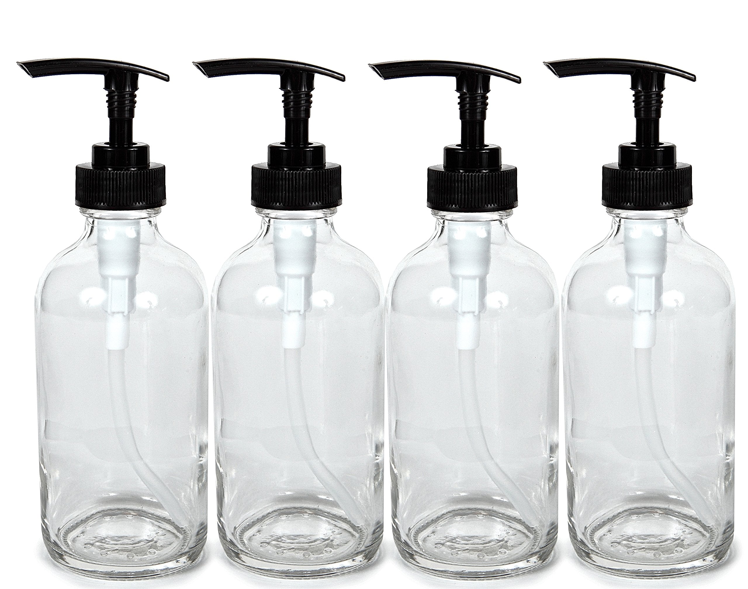 Vivaplex 8oz clear glass bottles with black pumps, ideal for lotions or soaps.