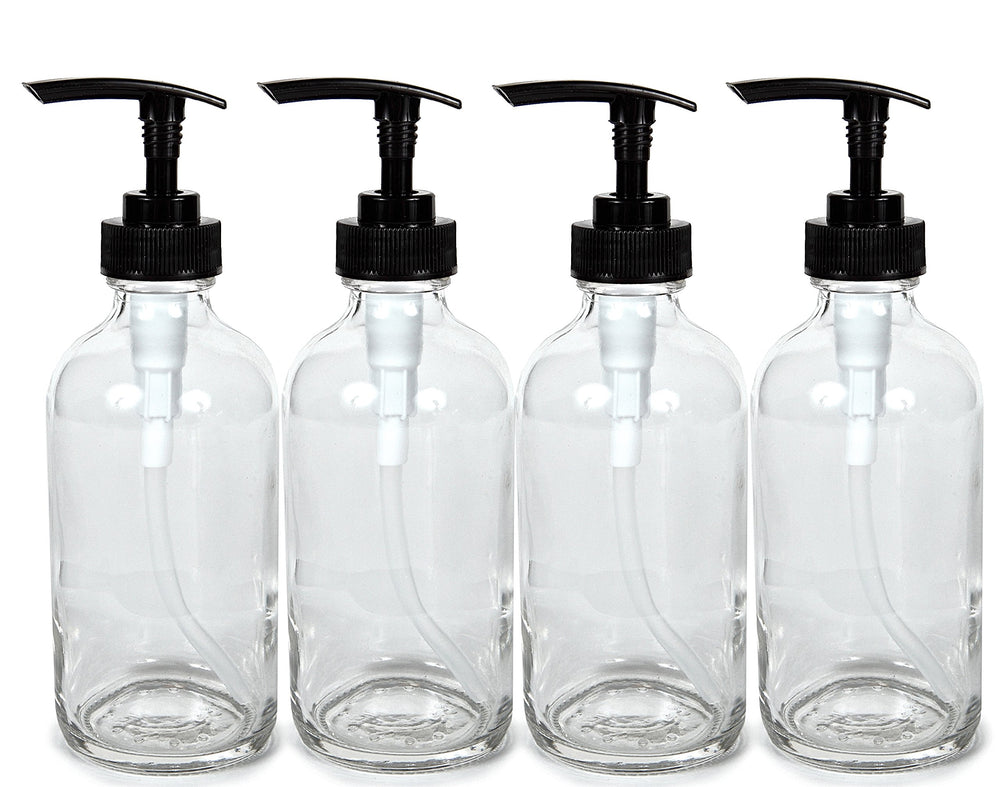 Vivaplex 8oz clear glass bottles with black pumps, ideal for lotions or soaps.