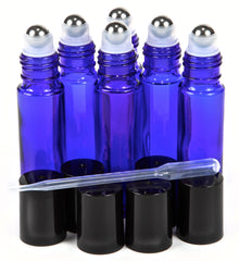 Botella de vidrio azul cobalto Vivaplex de 10 ml con rodillo de acero, ideal para fragancias.