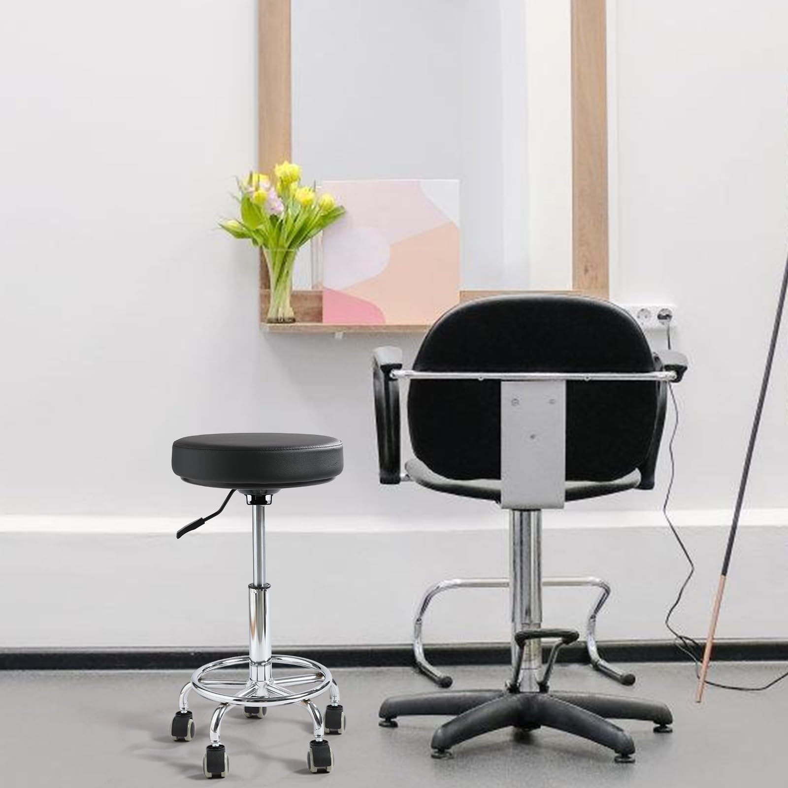 Viviange rolling stool with 360° swivel enables versatile tattoo studio seating.