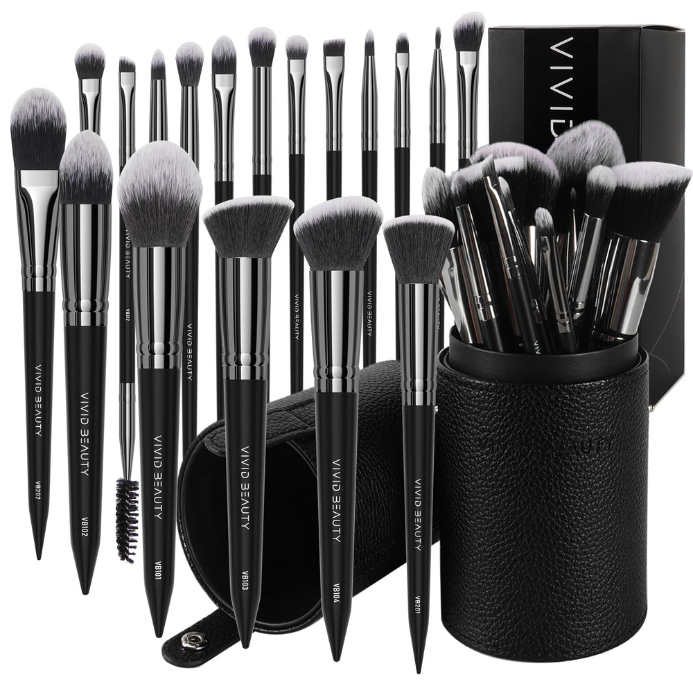 VIVID BEAUTY 18pc brush set with travel case for portable makeup application.