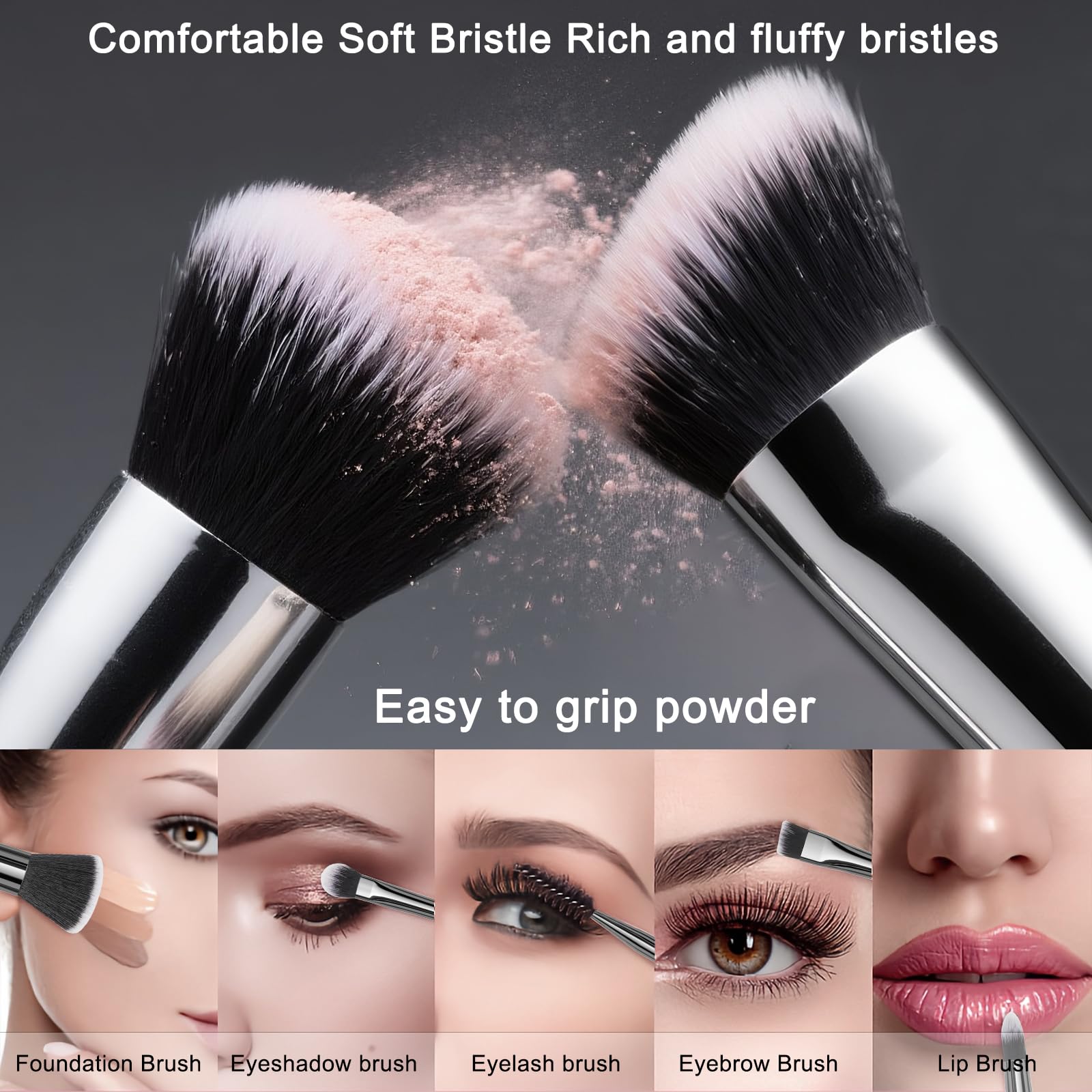 VIVID BEAUTY labeled brushes simplify beginner makeup application.