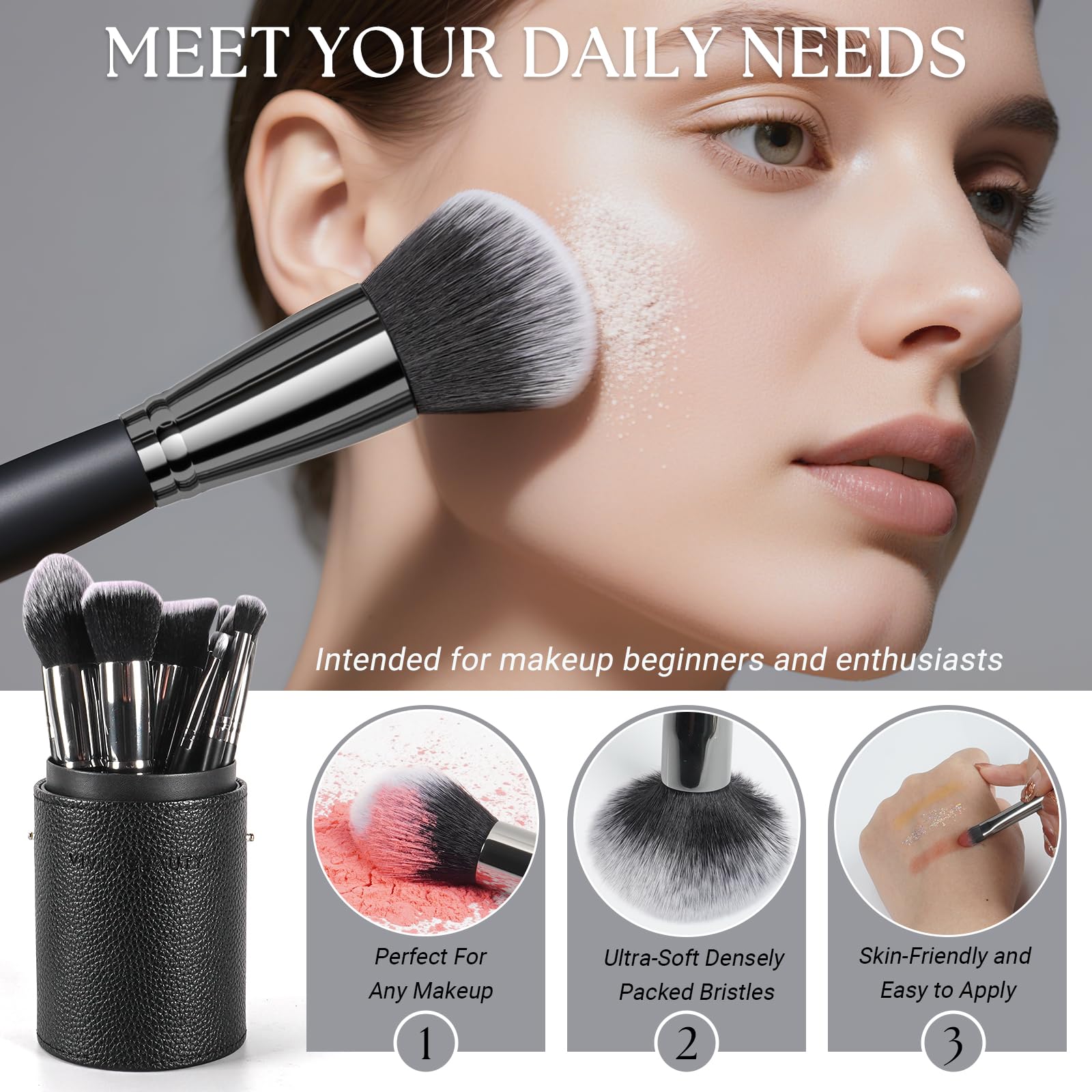 VIVID BEAUTY soft synthetic bristles for smooth foundation and powder.