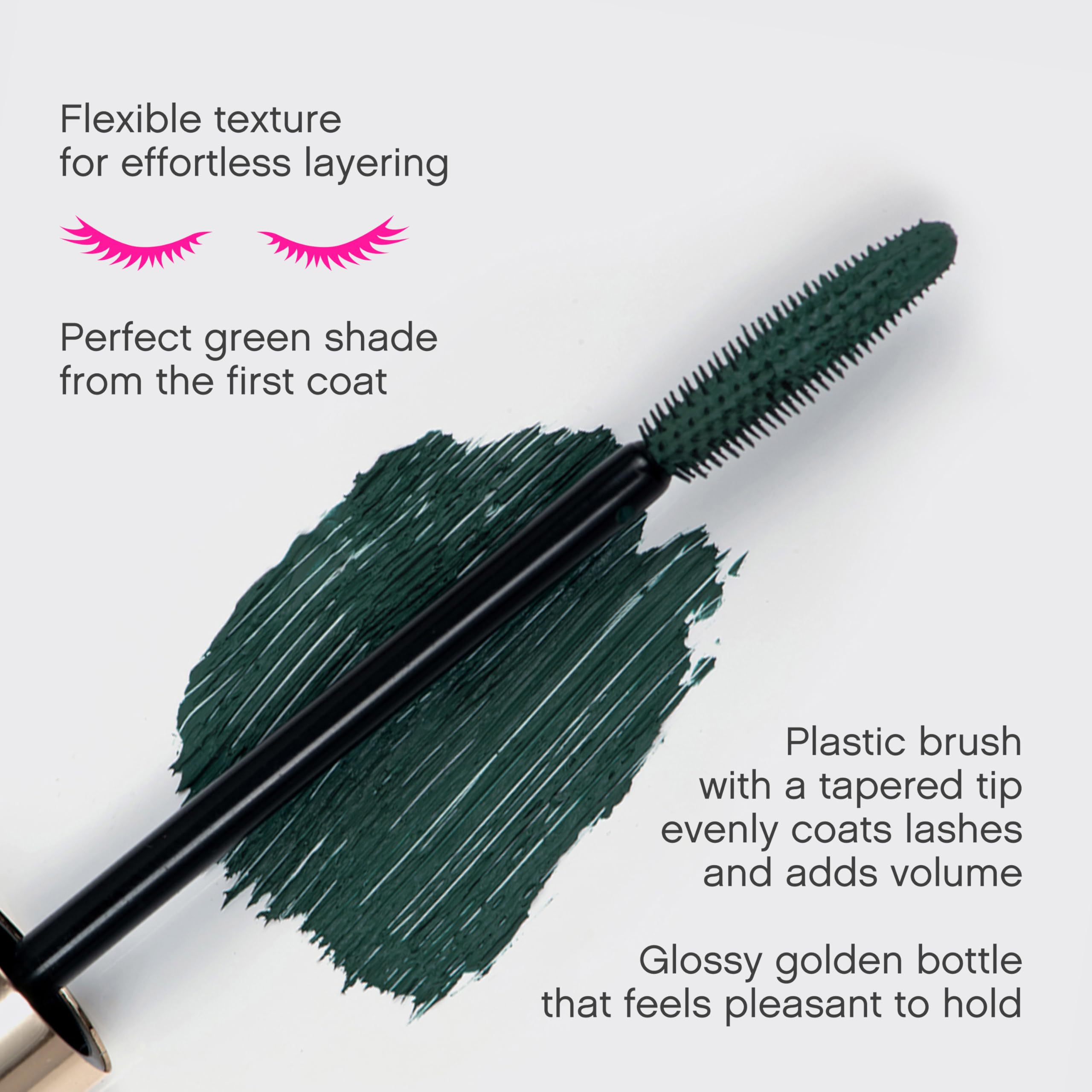 Vivienne Sabó Cabaret Premiere Green Mascara brush highlights curling lift and volumizing effect.