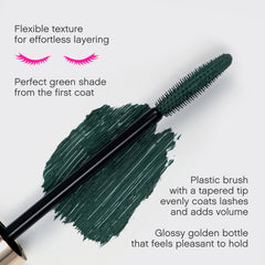 Vivienne Sabó Cabaret Premiere Green Mascara brush highlights curling lift and volumizing effect.