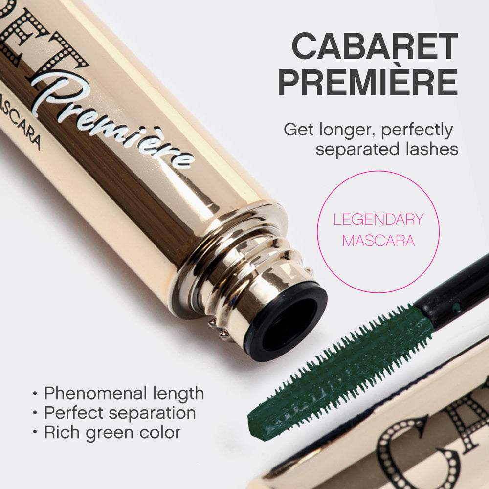 Vivienne Sabó Cabaret Premiere Green Mascara wand close-up demonstrates precise coating for defined lashes.