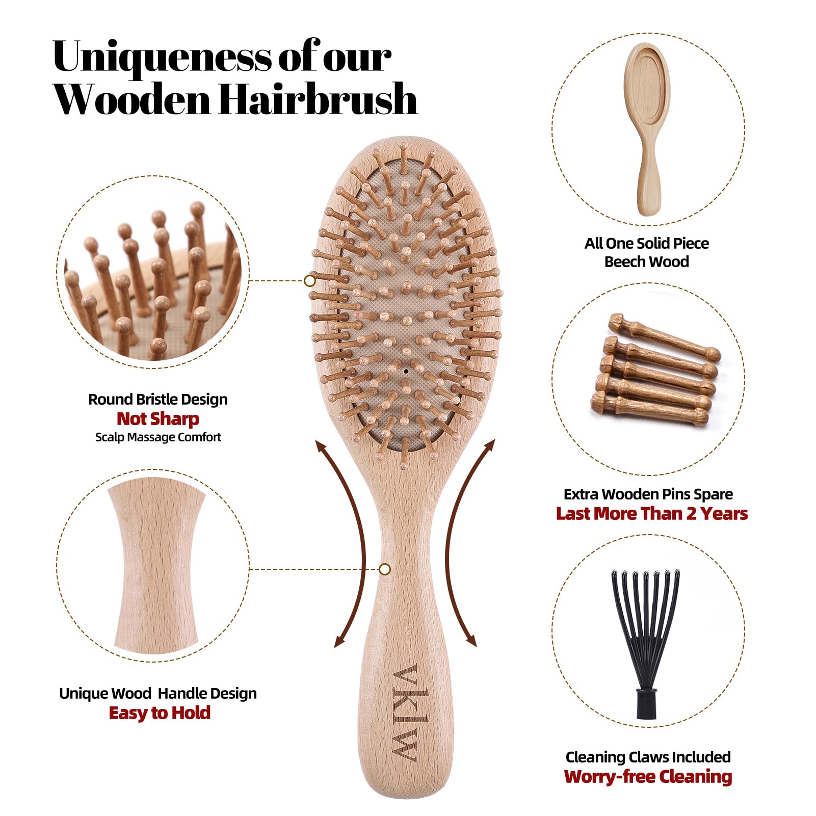 vklw rounded-bristle detangling focus for gentle combing and hair breakage prevention
