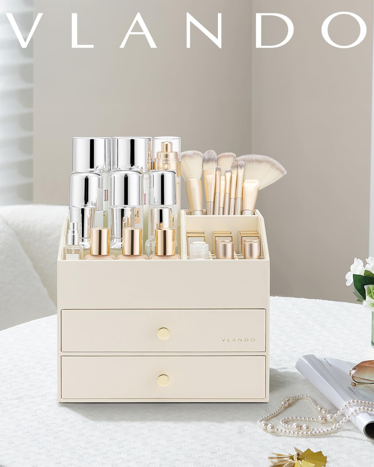 Vlando bedroom storage helps beauty bloggers stay organized and efficient.