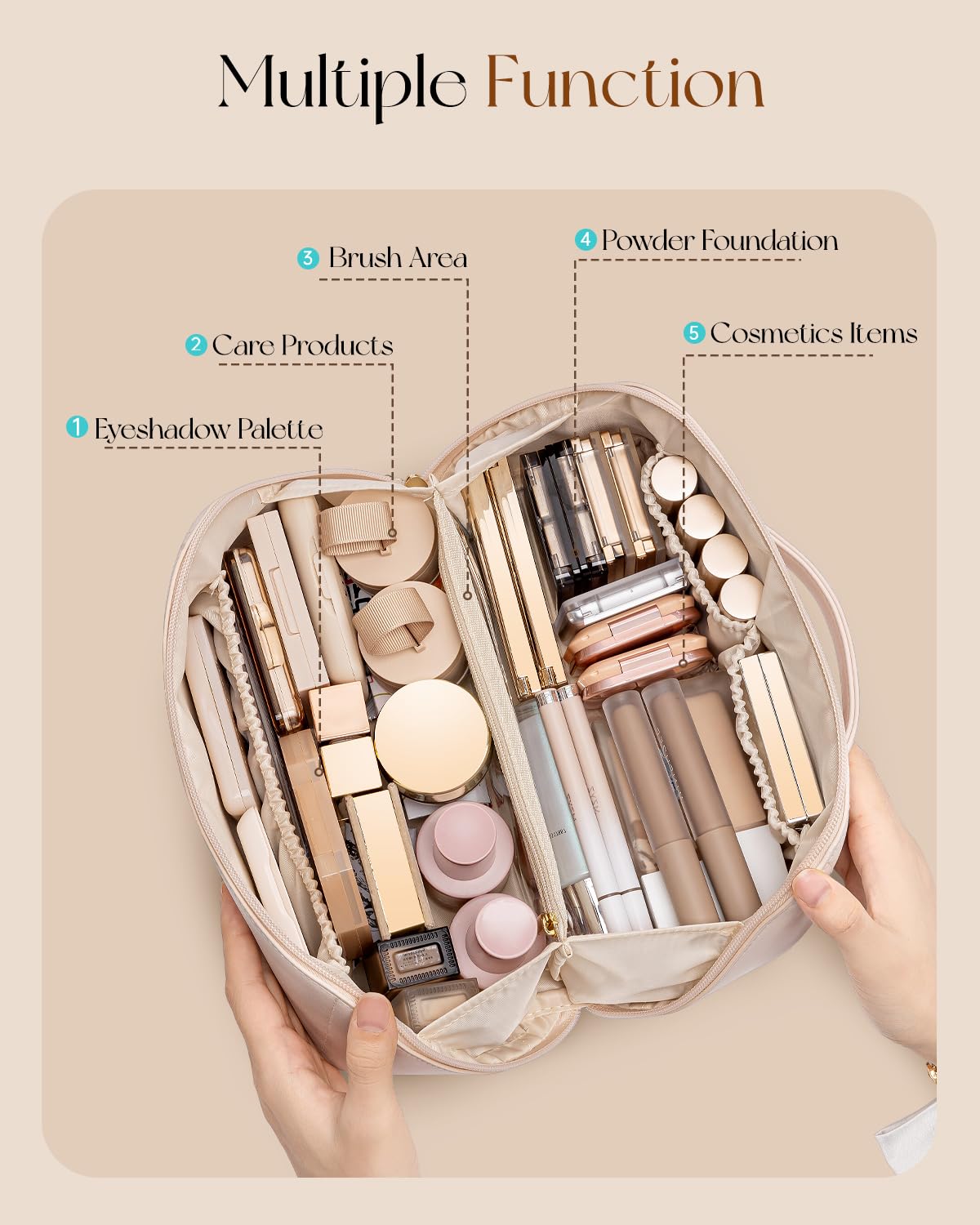 Vlando apricot pink bag compartments organized for cosmetics and tools
