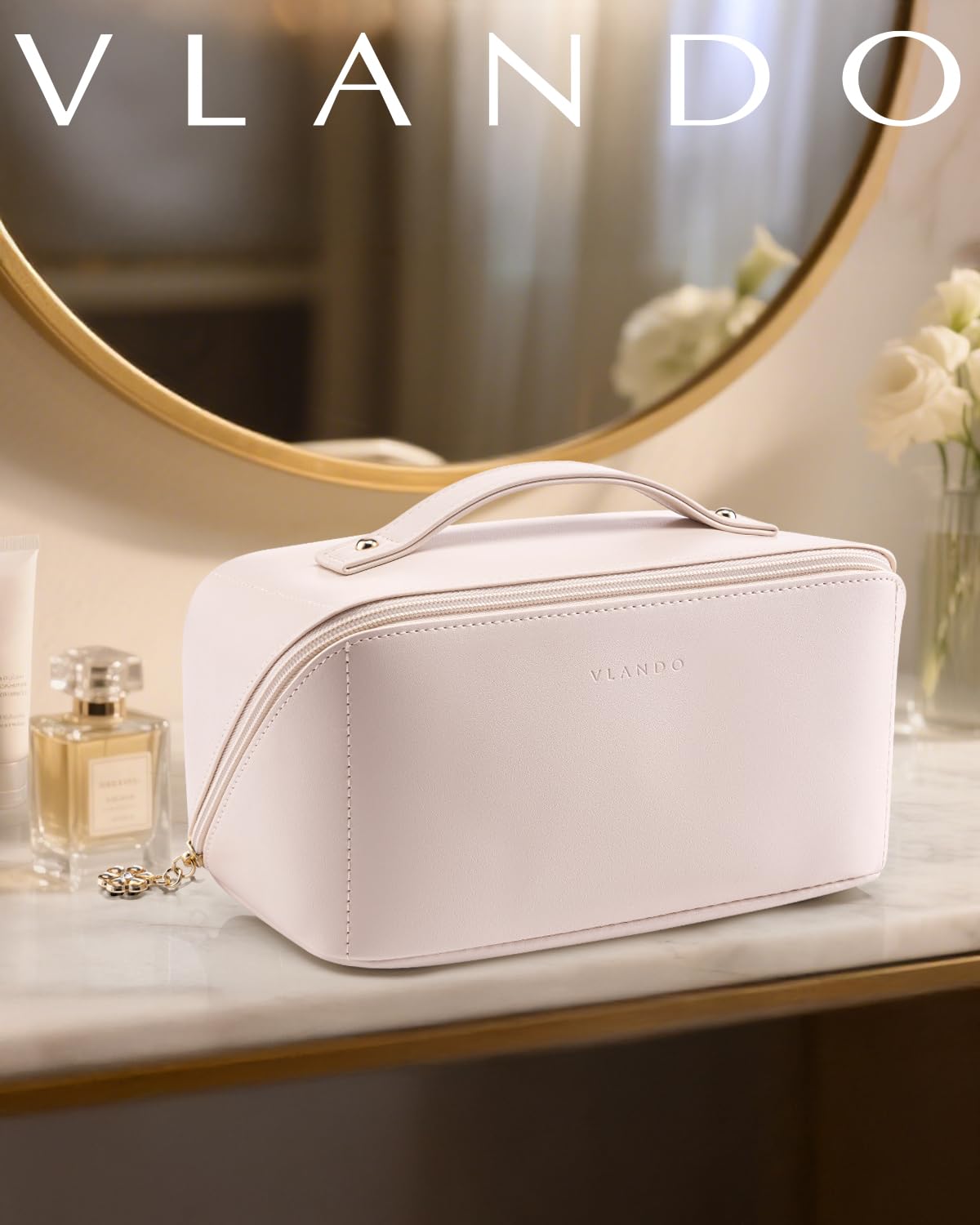 Vlando apricot pink makeup bag opened 180 degrees for easy access