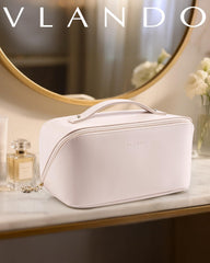 Vlando apricot pink makeup bag opened 180 degrees for easy access