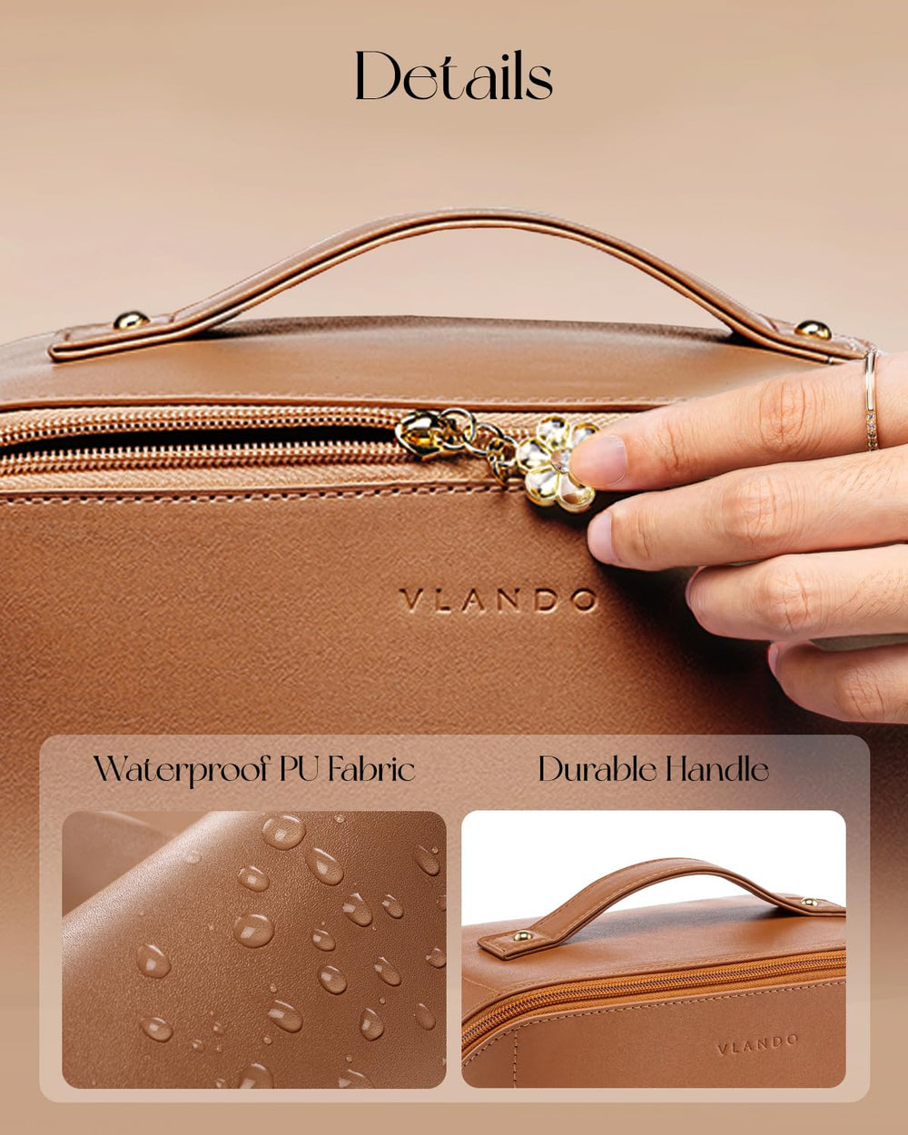 Vlando makeup bag waterproof PU leather resists splashes and wipes clean easily.