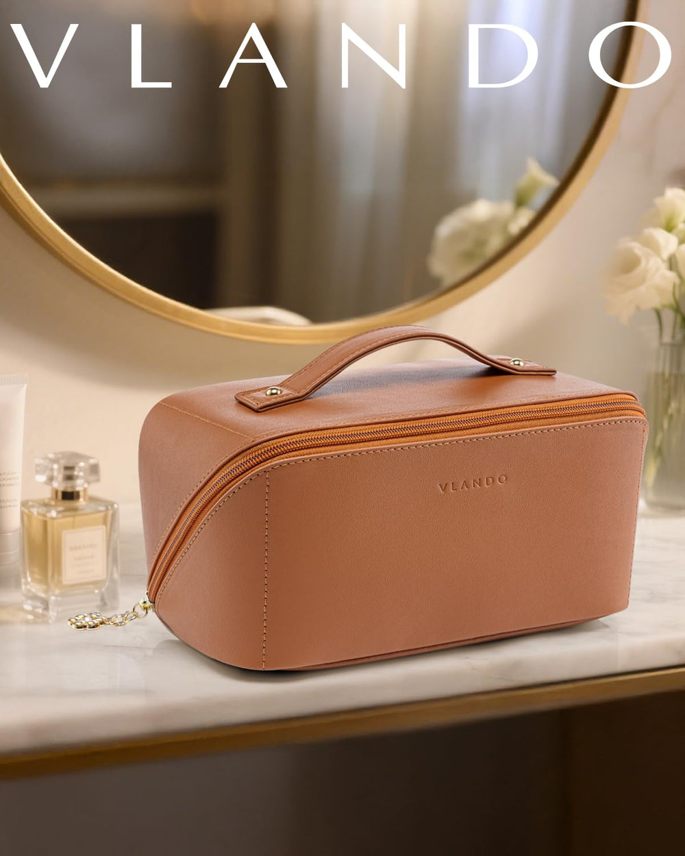 Vlando makeup bag wide opening facilitates quick access to essentials during travel.