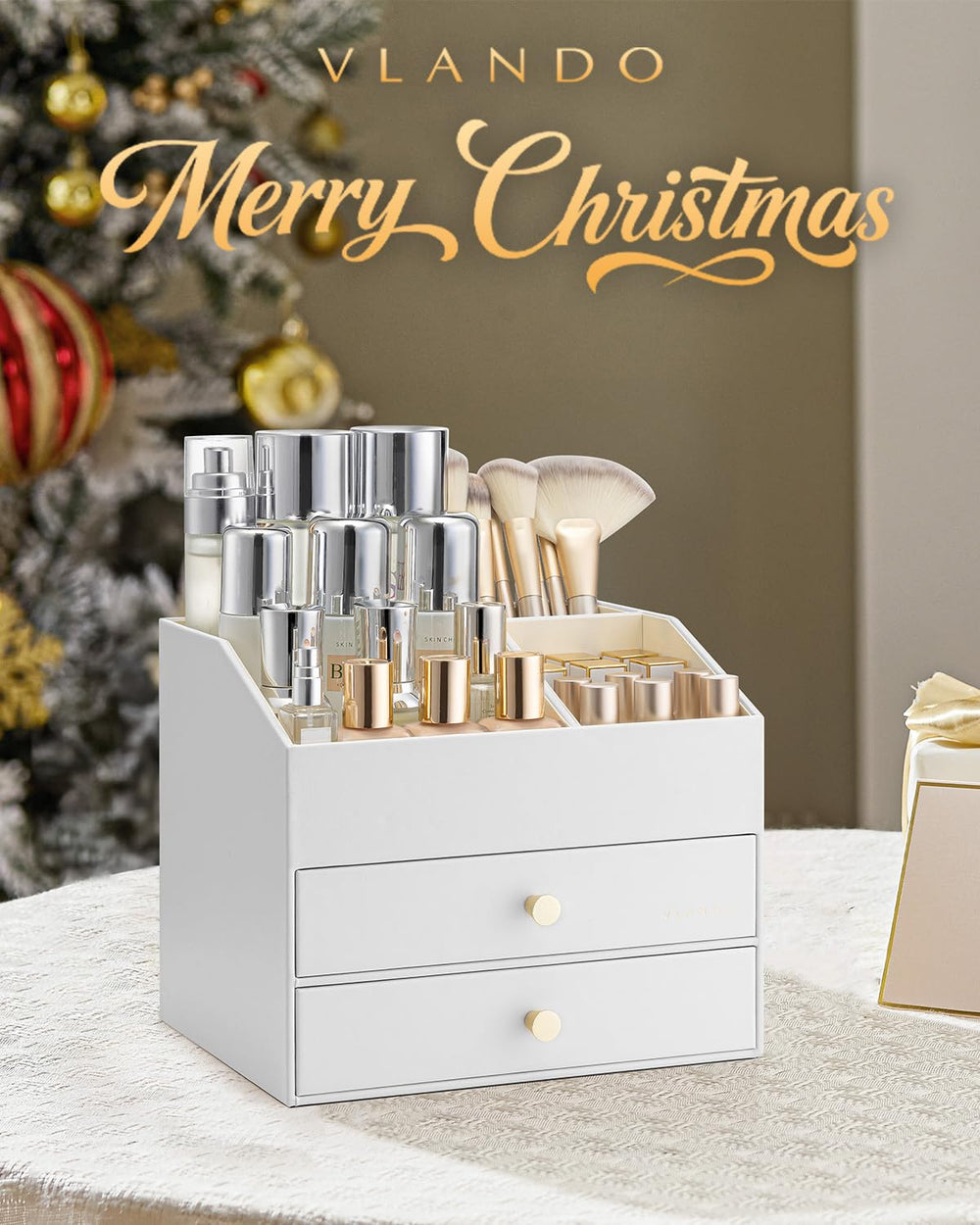 Vlando upper layer stores small items like lipstick and brushes neatly.