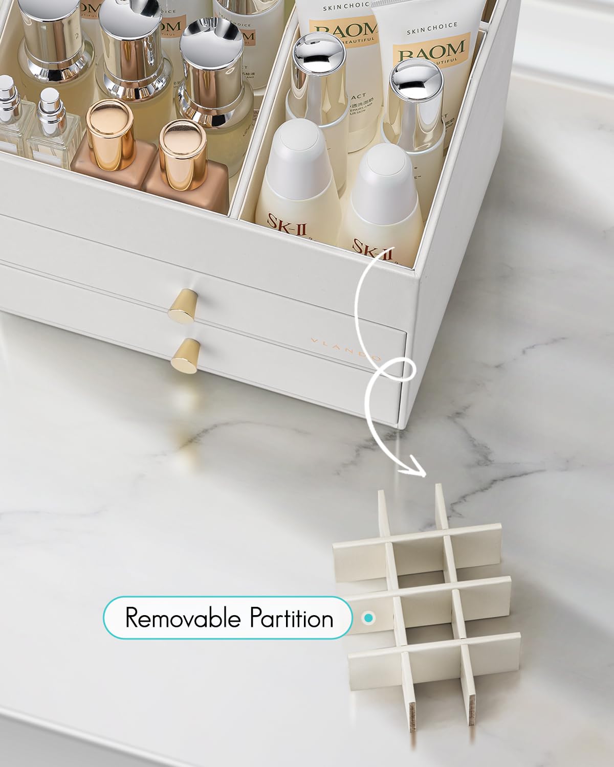Vlando organizer in white complements modern vanity decor.