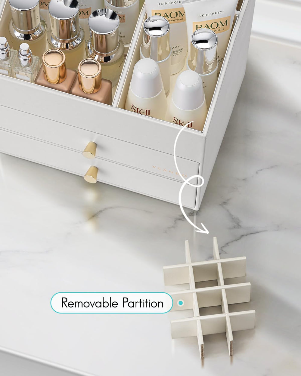 Vlando organizer in white complements modern vanity decor.
