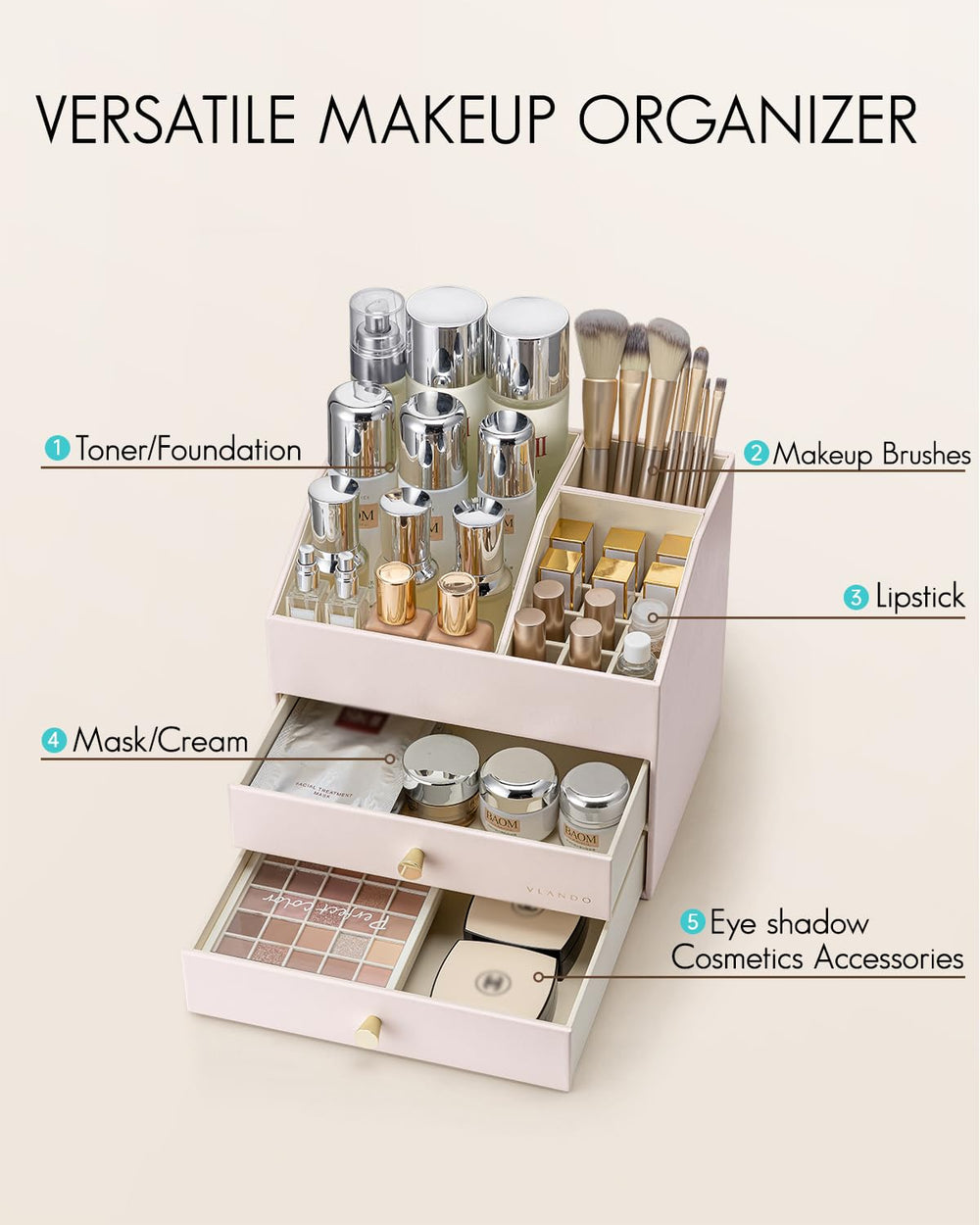 Vlando makeup organizer drawer detail with smooth sliding drawers for easy access