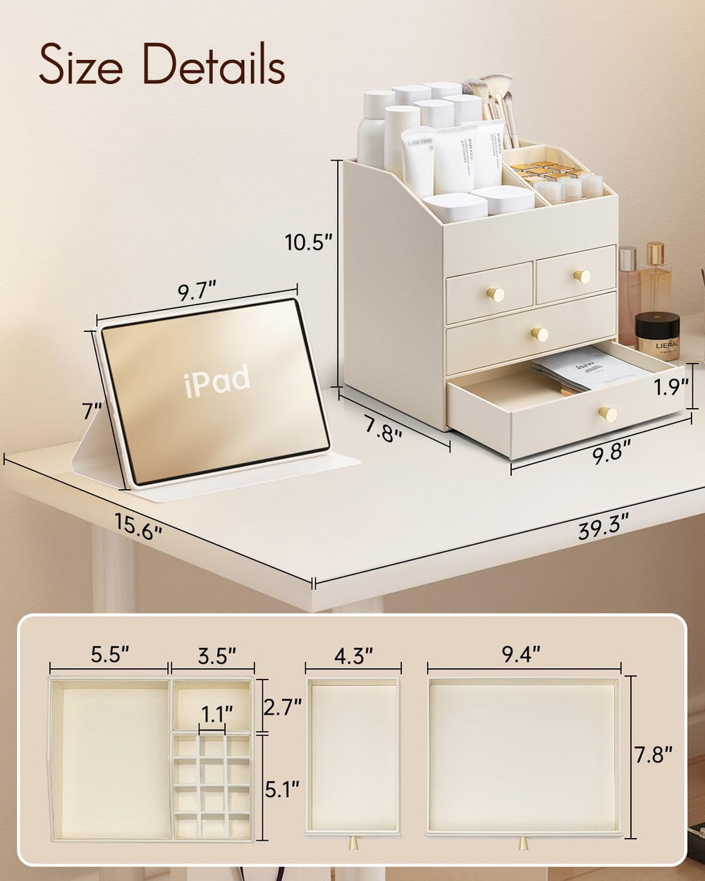 Vlando makeup organizer drawer close-up shows smooth sliding drawers.