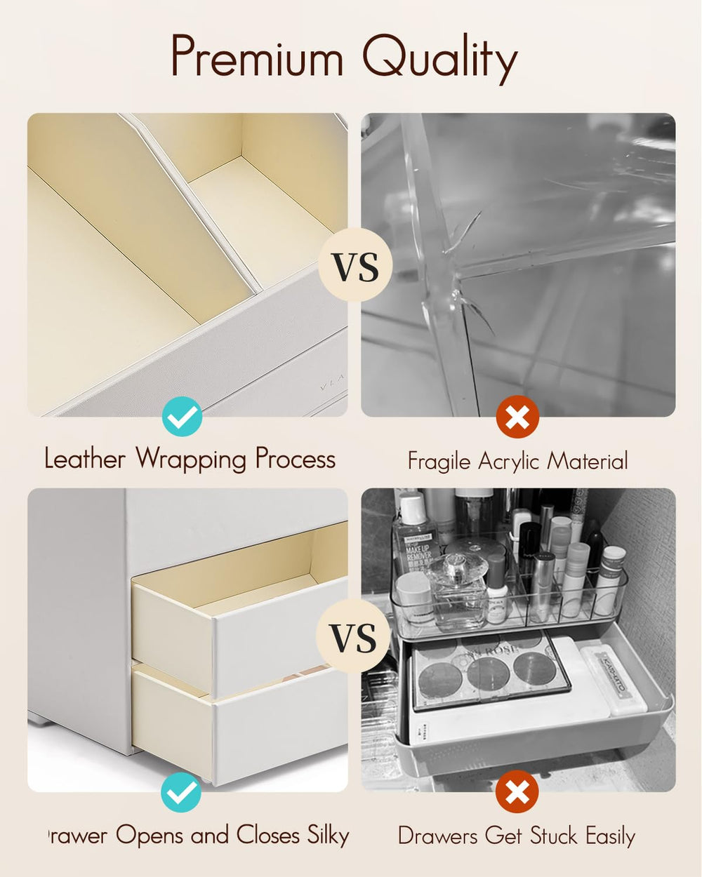 Vlando makeup organizer on dresser top saves counter space.