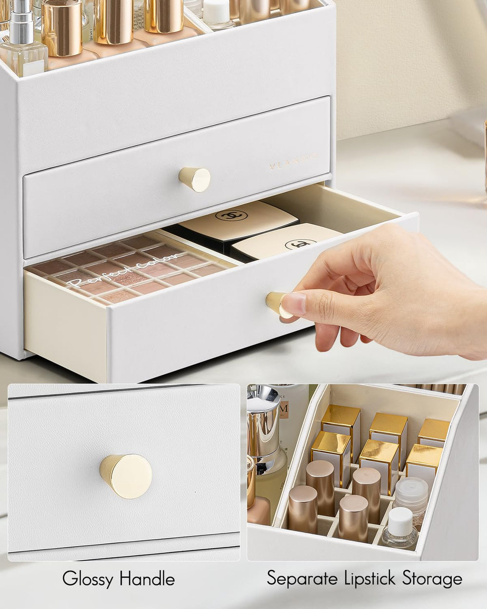 Vlando PU leather finish adds durable, wipe-clean elegance to any dresser.