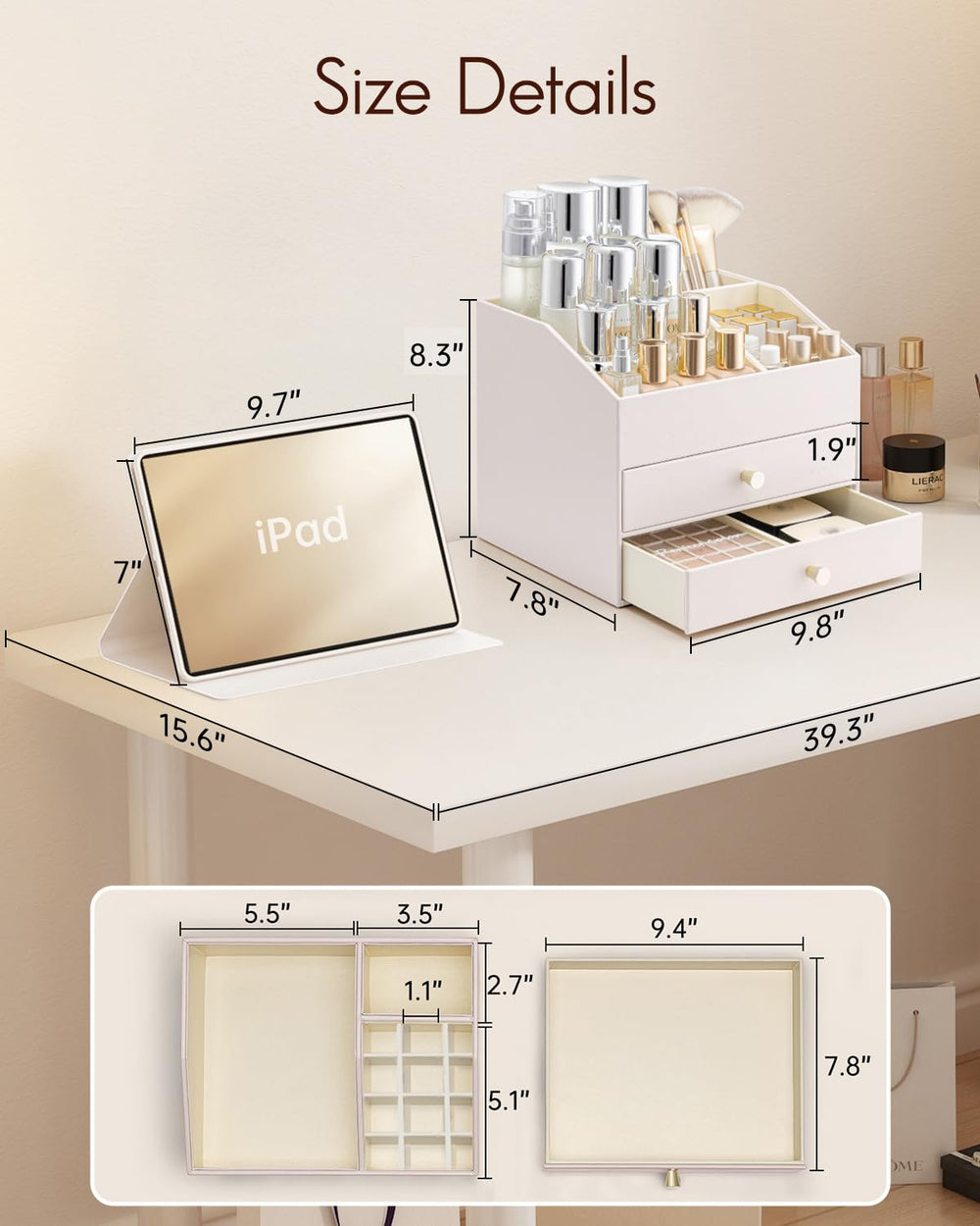Vlando makeup organizer top compartment view for skincare and small essentials