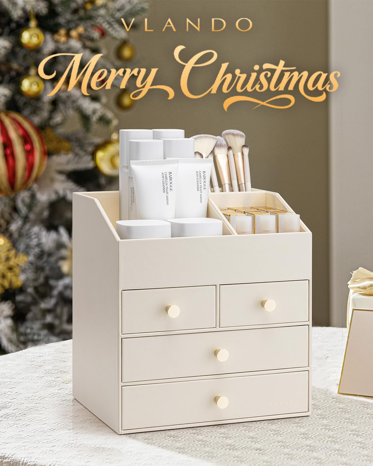 Vlando makeup organizer top compartments highlight categorized storage.