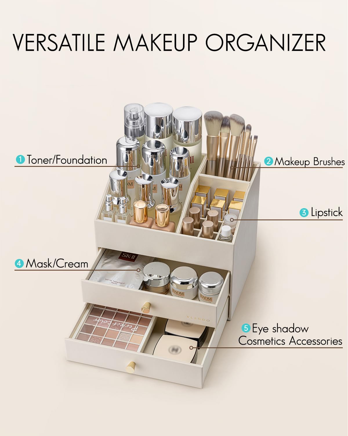 Vlando upper layer storage for skincare, lipstick, and brushes keeps essentials easy to reach.