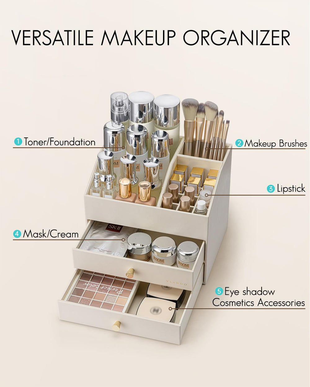Vlando upper layer storage for skincare, lipstick, and brushes keeps essentials easy to reach.