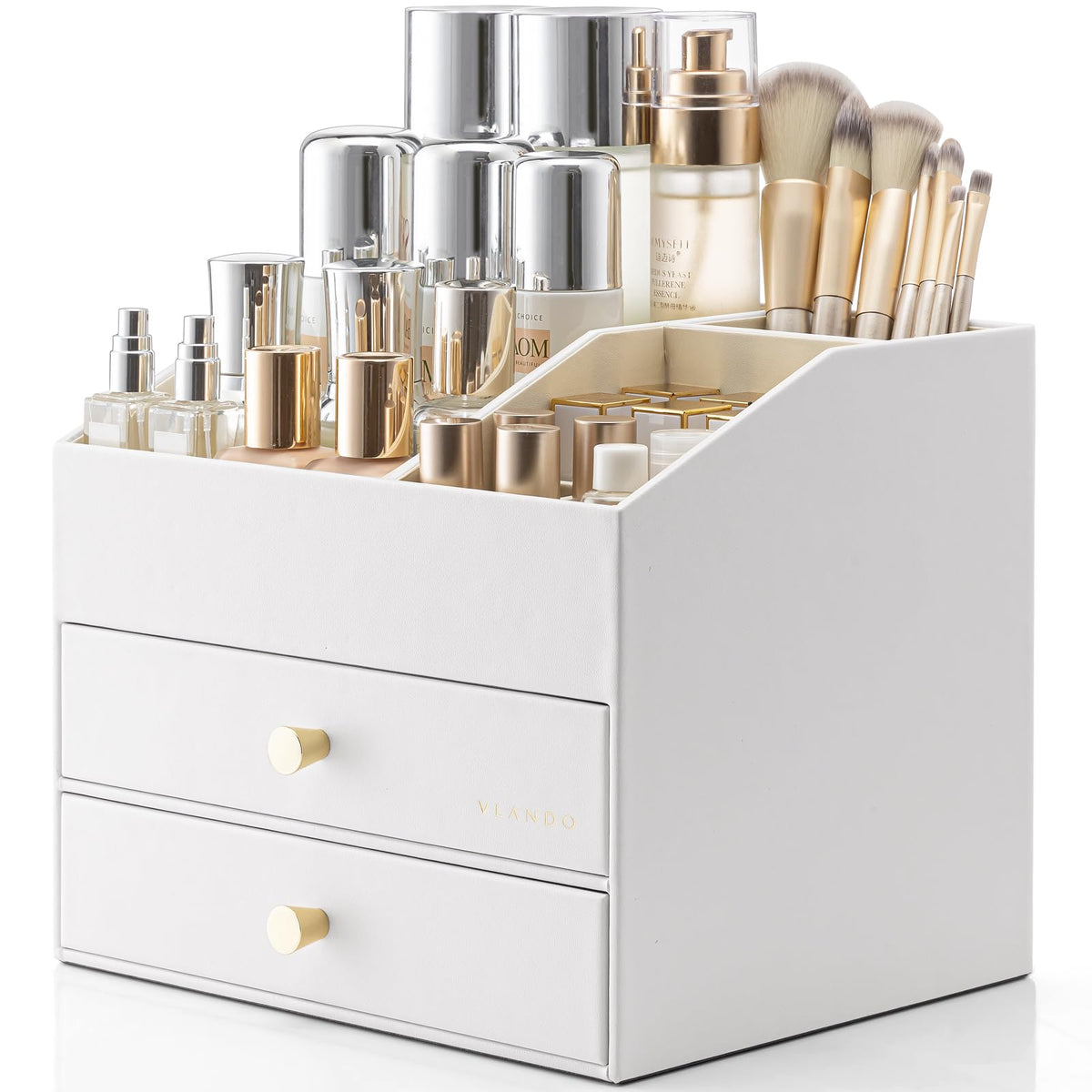 Vlando makeup organizer on vanity keeps cosmetics neatly organized for easy routines.
