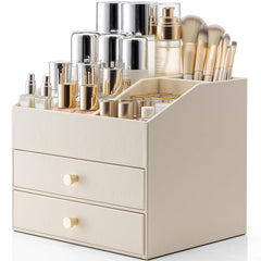 Vlando makeup organizer on vanity demonstrates large-capacity storage for cosmetics and tools.