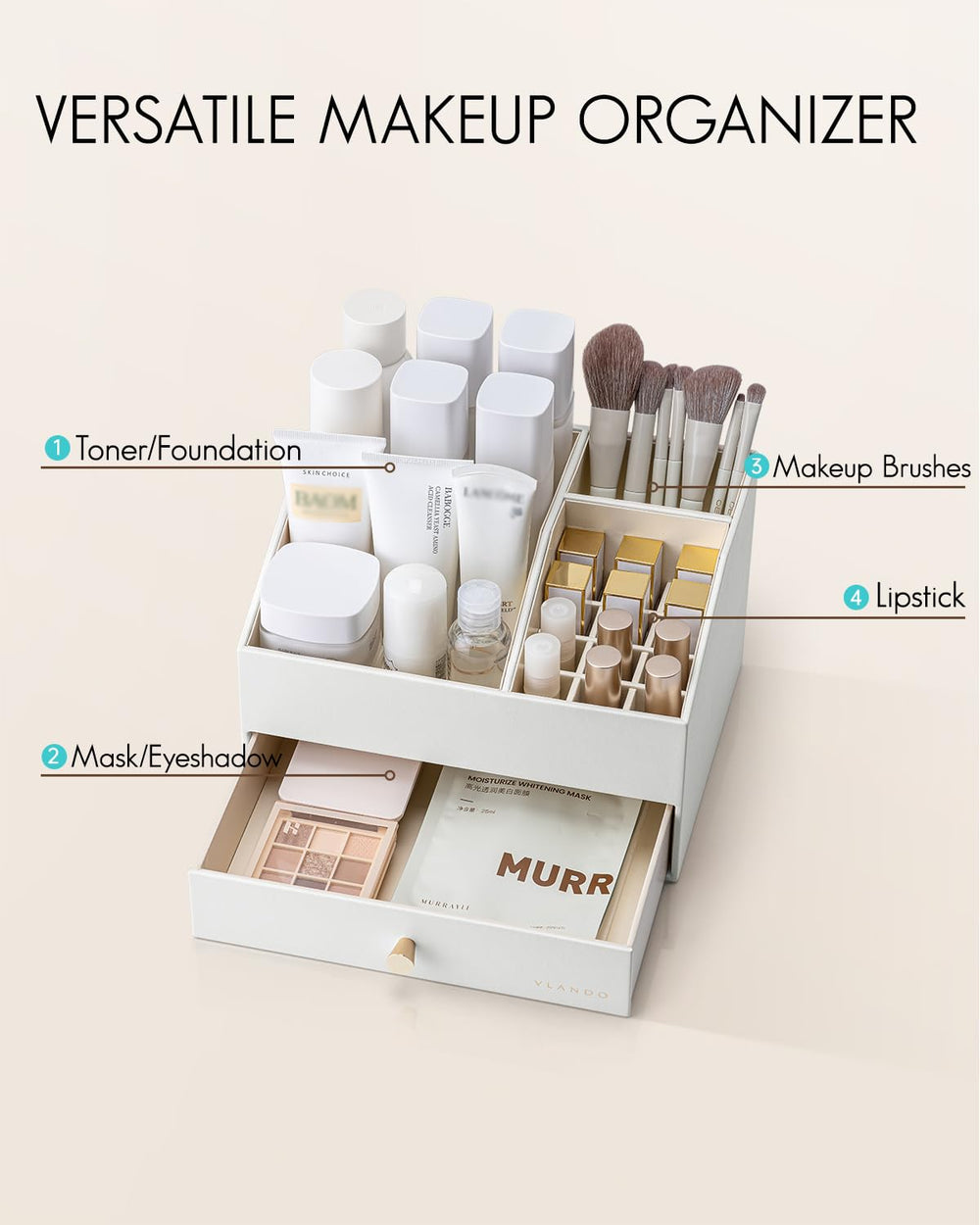 Vlando Organizador de maquillaje dos niveles para separar productos