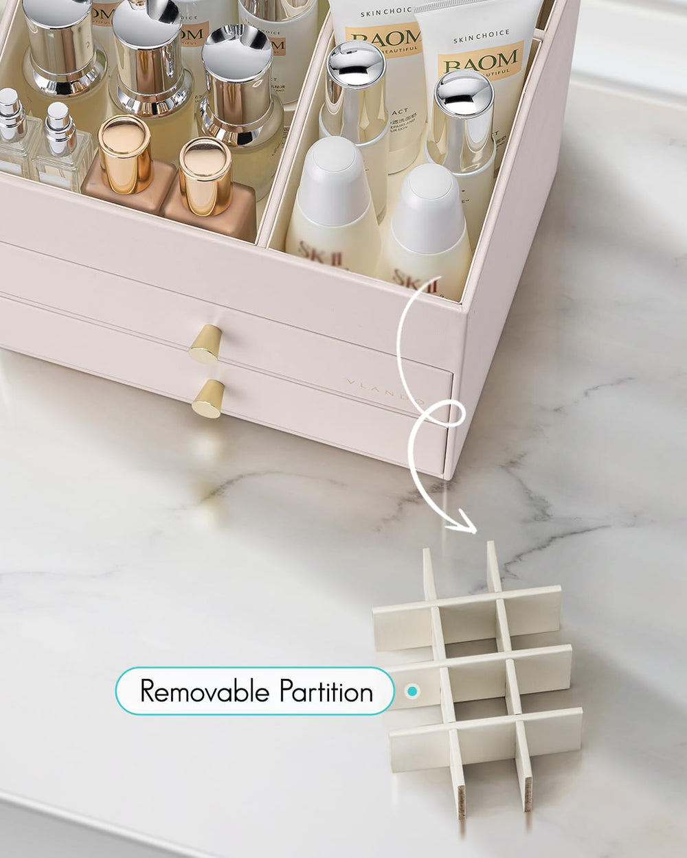 Vlando vanity setup demonstrates compact storage for skincare and cosmetics