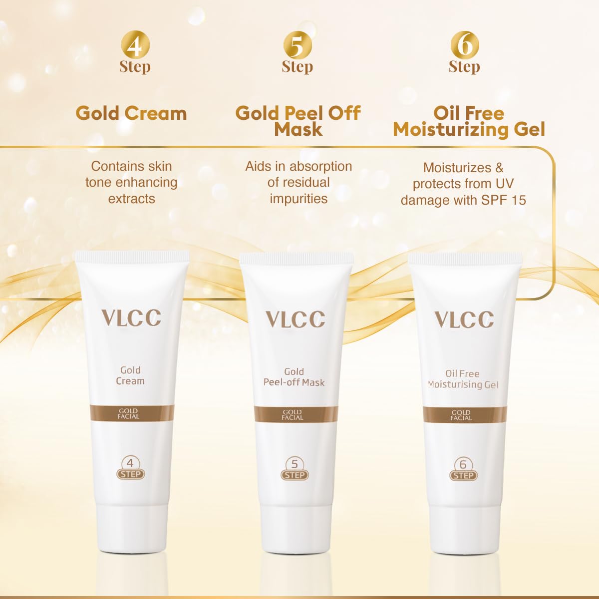 VLCC Gold Facial Kit unboxing scene conveys premium at-home spa experience
