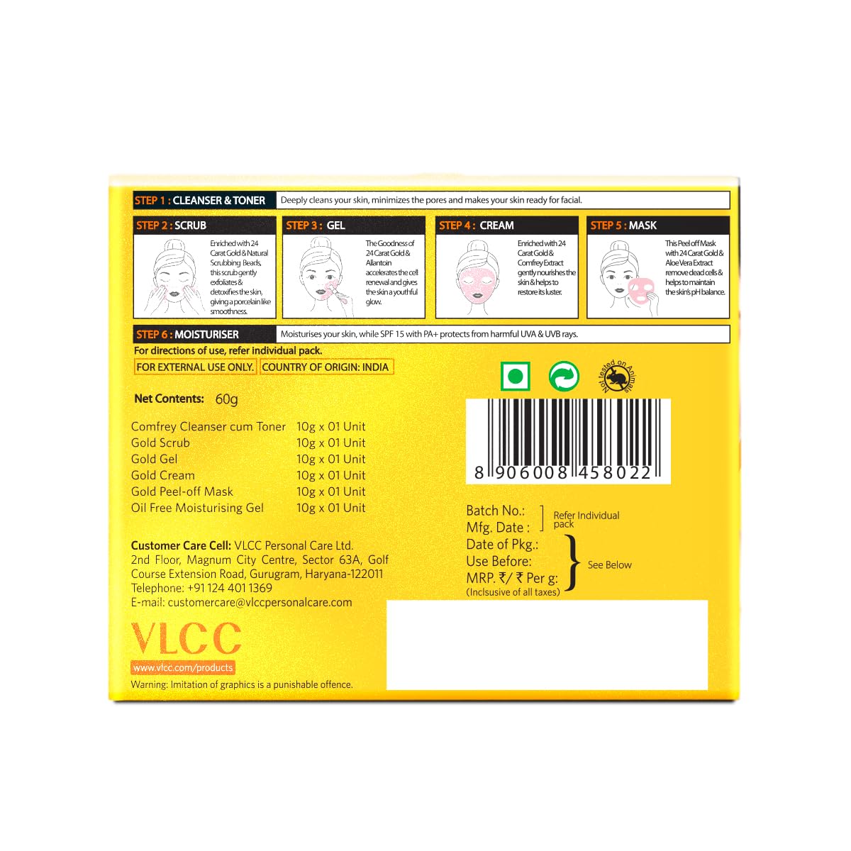 VLCC Natural Sciences Gold Facial Kit packaging close-up shows compact one-count set