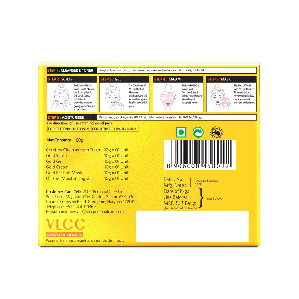 VLCC Natural Sciences Gold Facial Kit packaging close-up shows compact one-count set