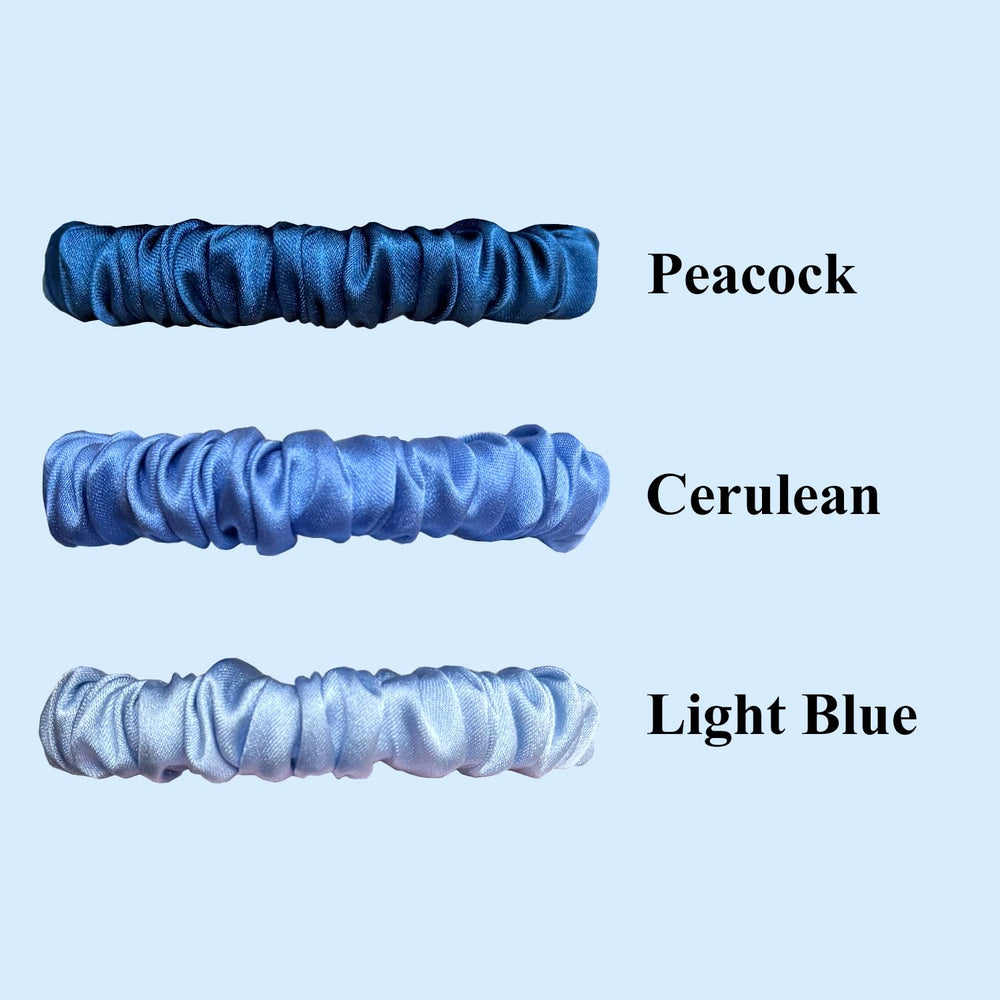 VLOMOT silk scrunchies cerulean closeup shows smooth surface reducing hair friction.