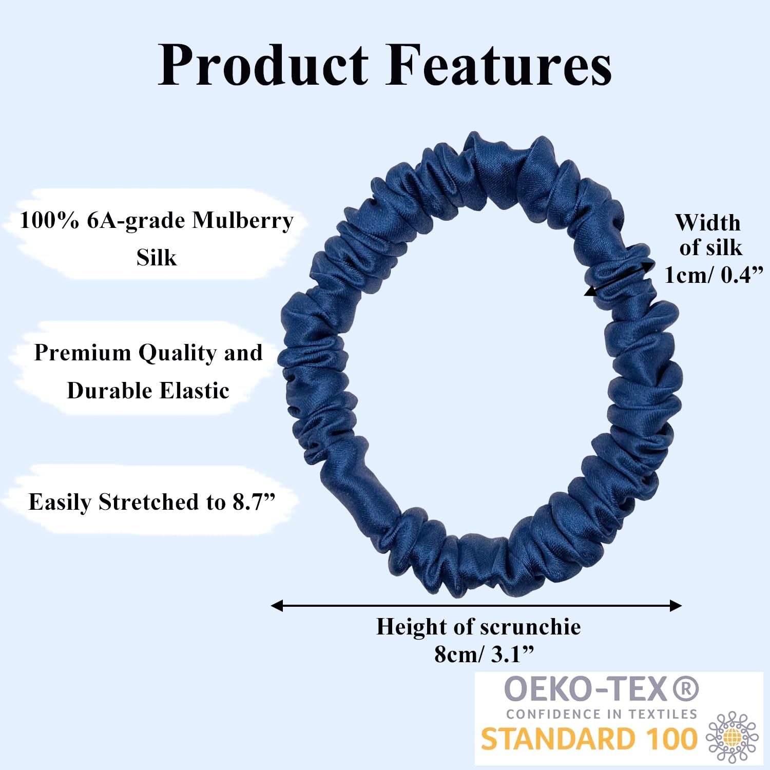 VLOMOT silk scrunchies light-blue closeup highlights premium mulberry silk softness.