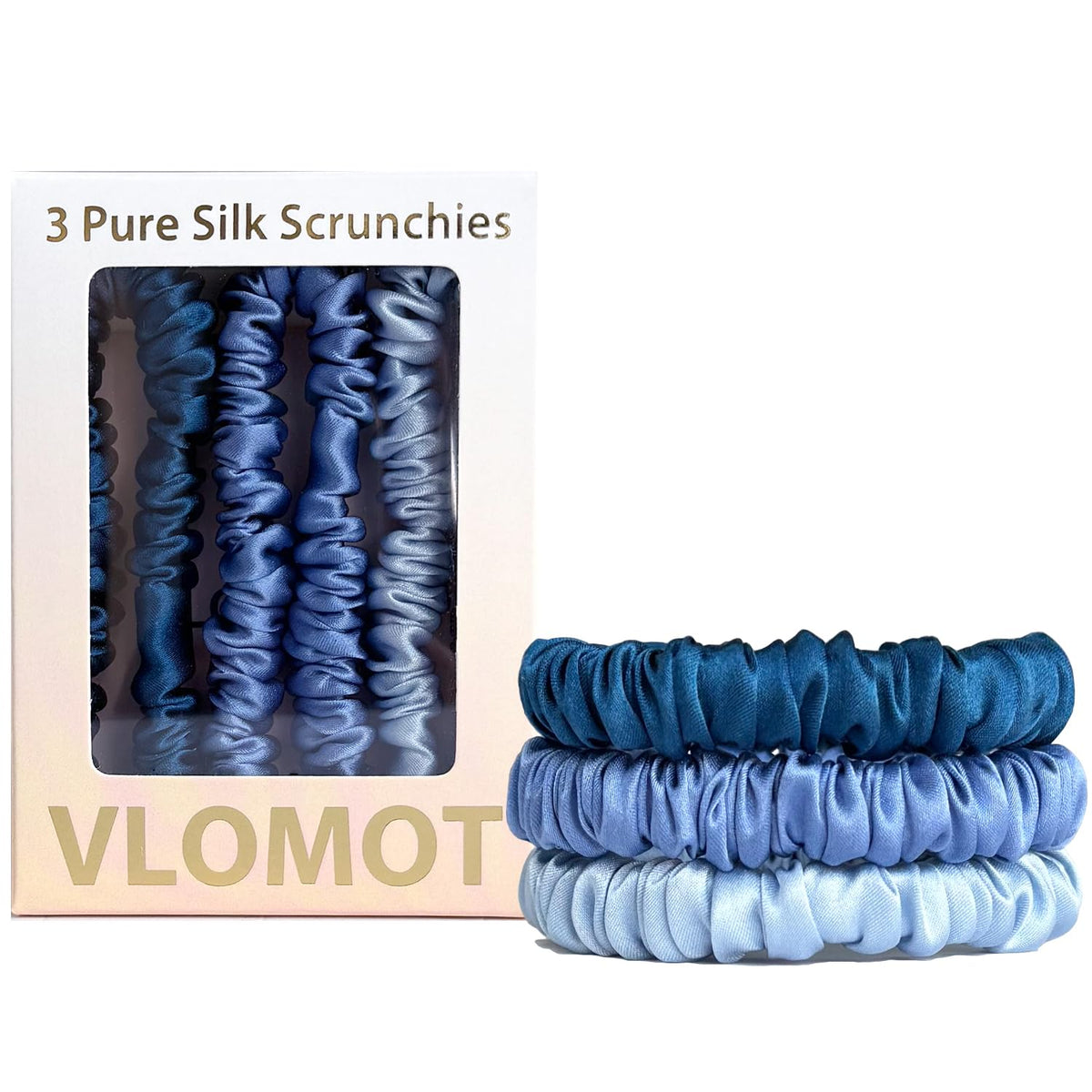 VLOMOT silk scrunchies peacock closeup demonstrates gentle silk for snag-free styling.