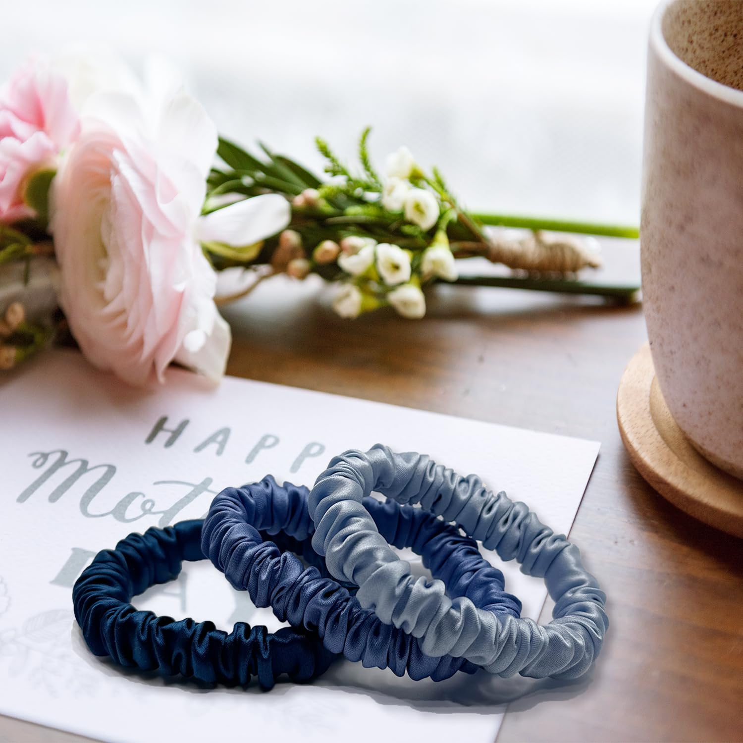 VLOMOT silk scrunchies stacked collection shows versatile color options for any look.