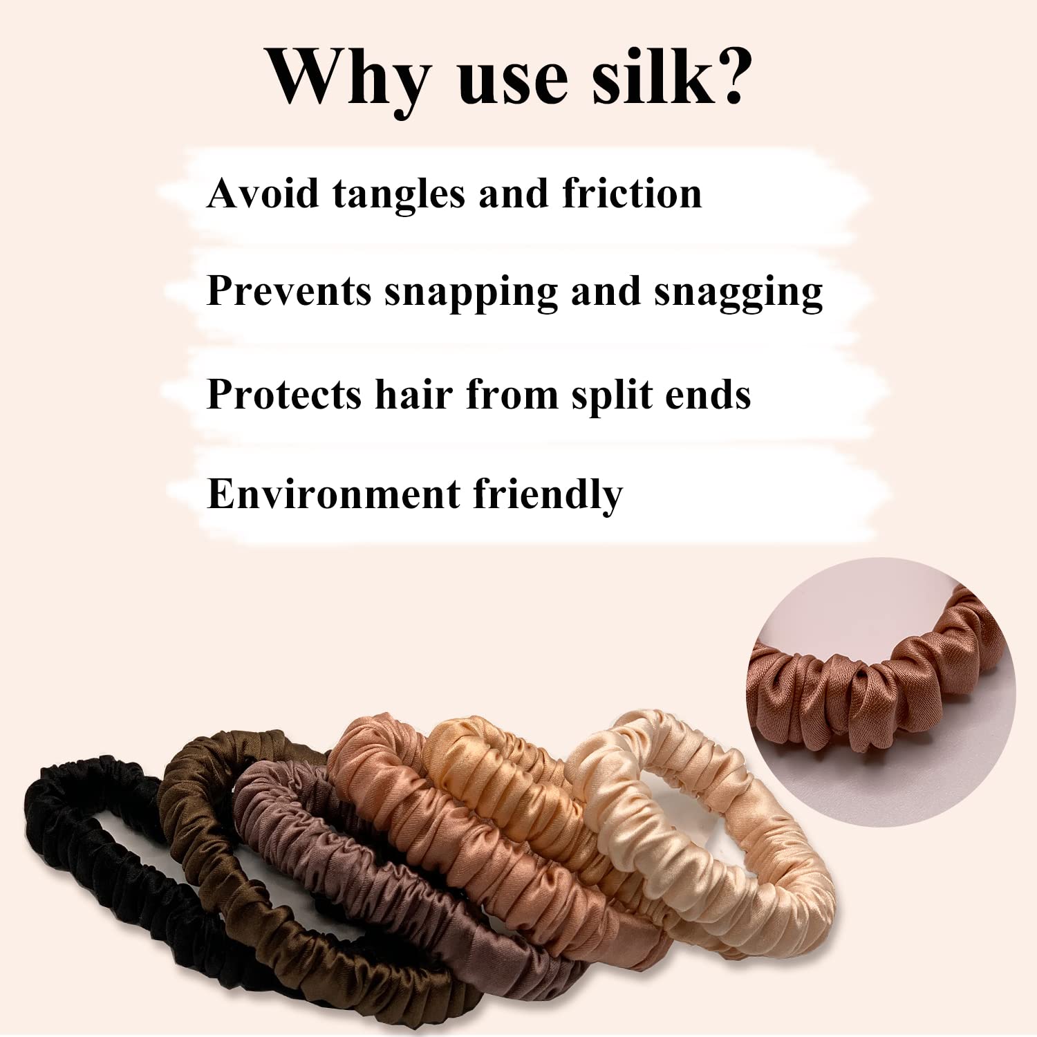 VLOMOT silk scrunchies close-up shows smooth surface and low friction.