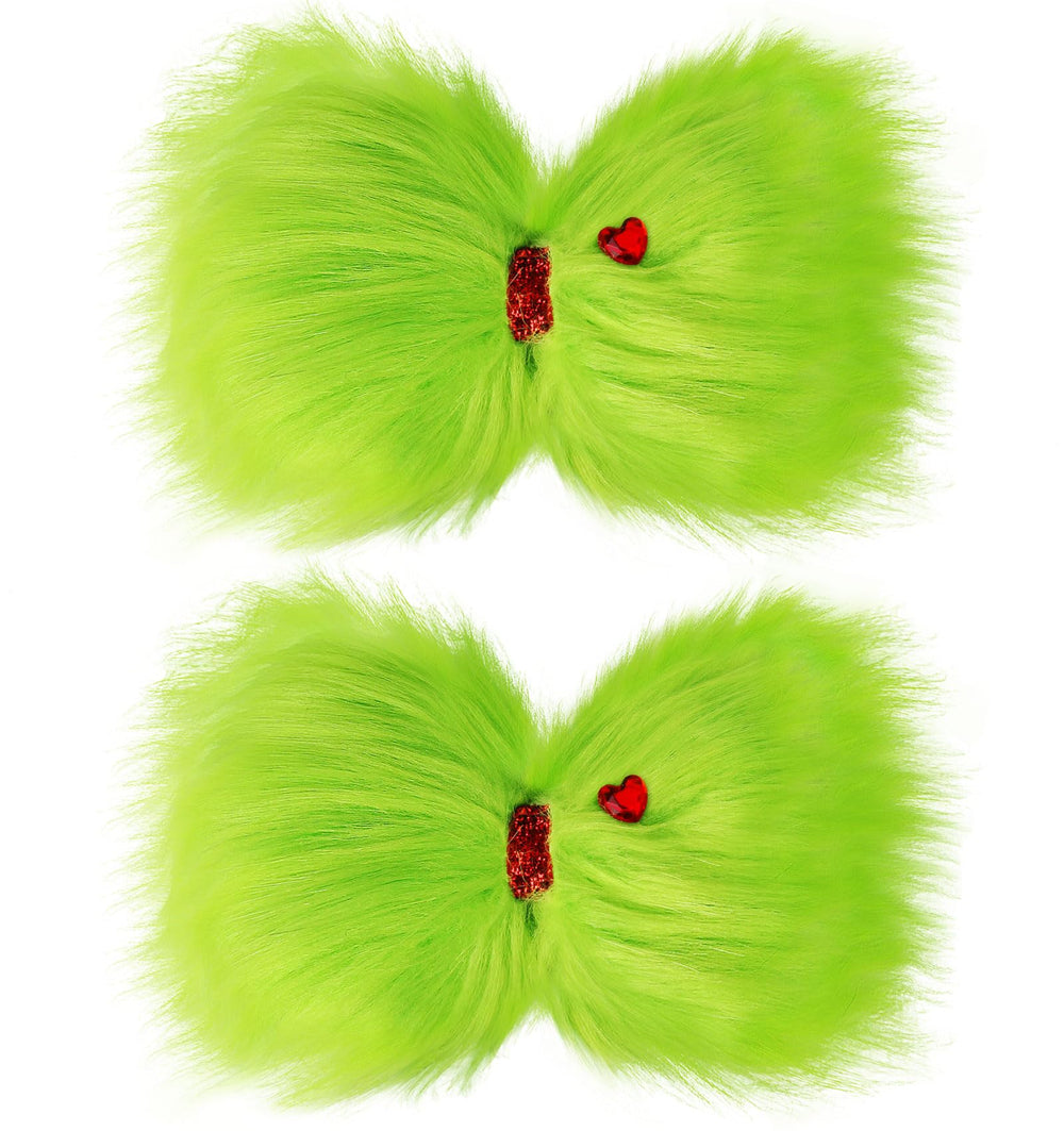 Vloso Christmas hair bow green furry with red heart, 2pcs, festive accessory for girls