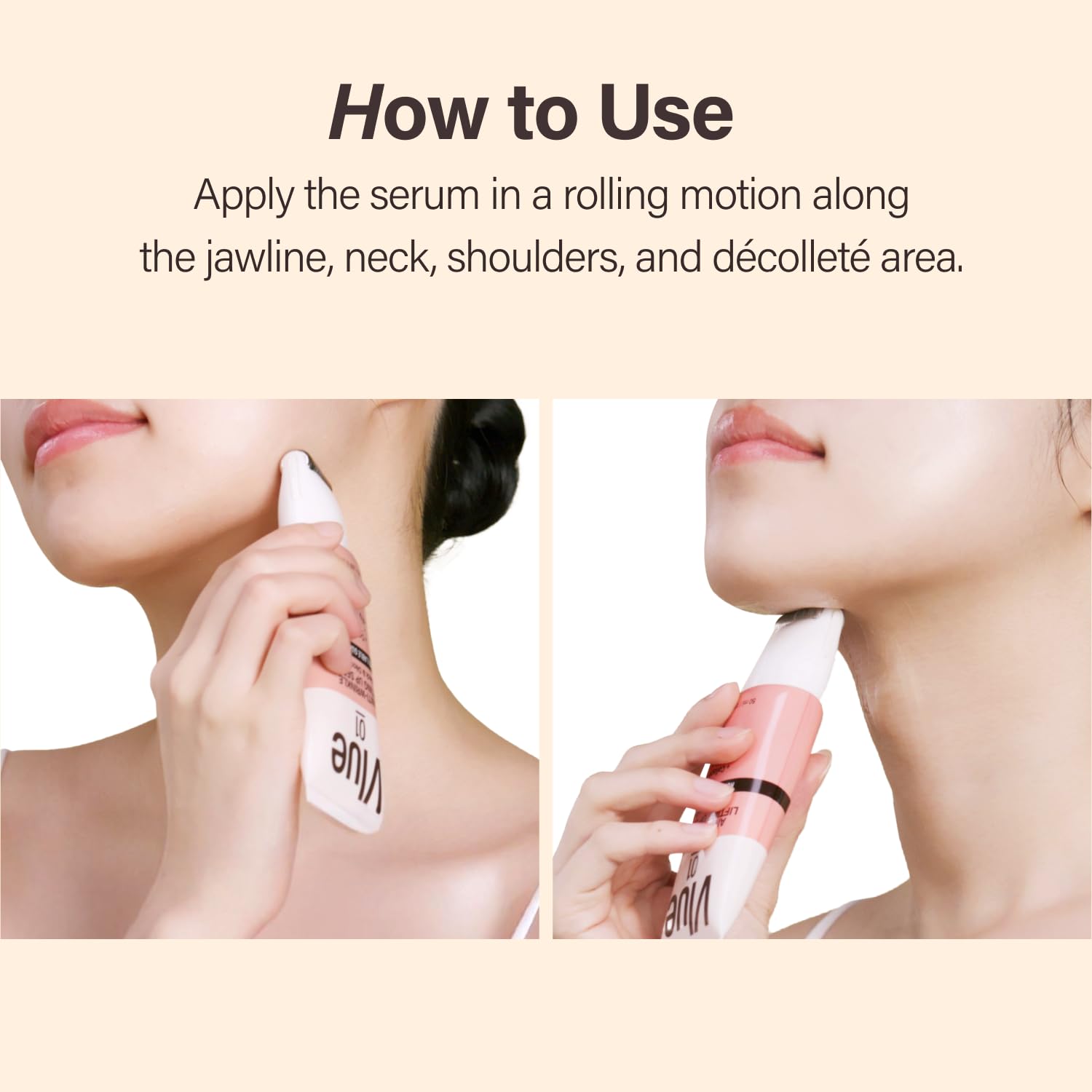 VLUE neck application shot demonstrates 2-in-1 serum and moisturizer for convenience.