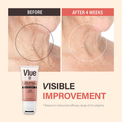 VLUE collagen and hyaluronic acid hydrate dry neck skin for improved texture.