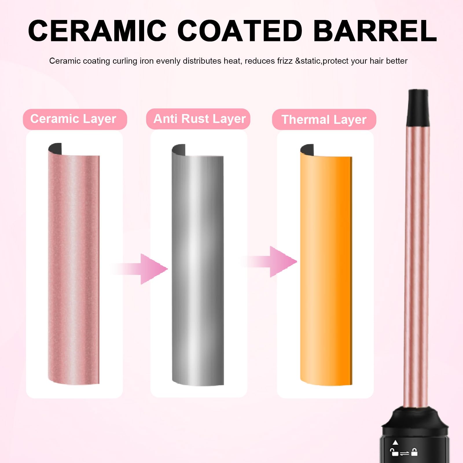 Vnina ceramic-coated curling iron barrel with glossy finish for smooth styling.