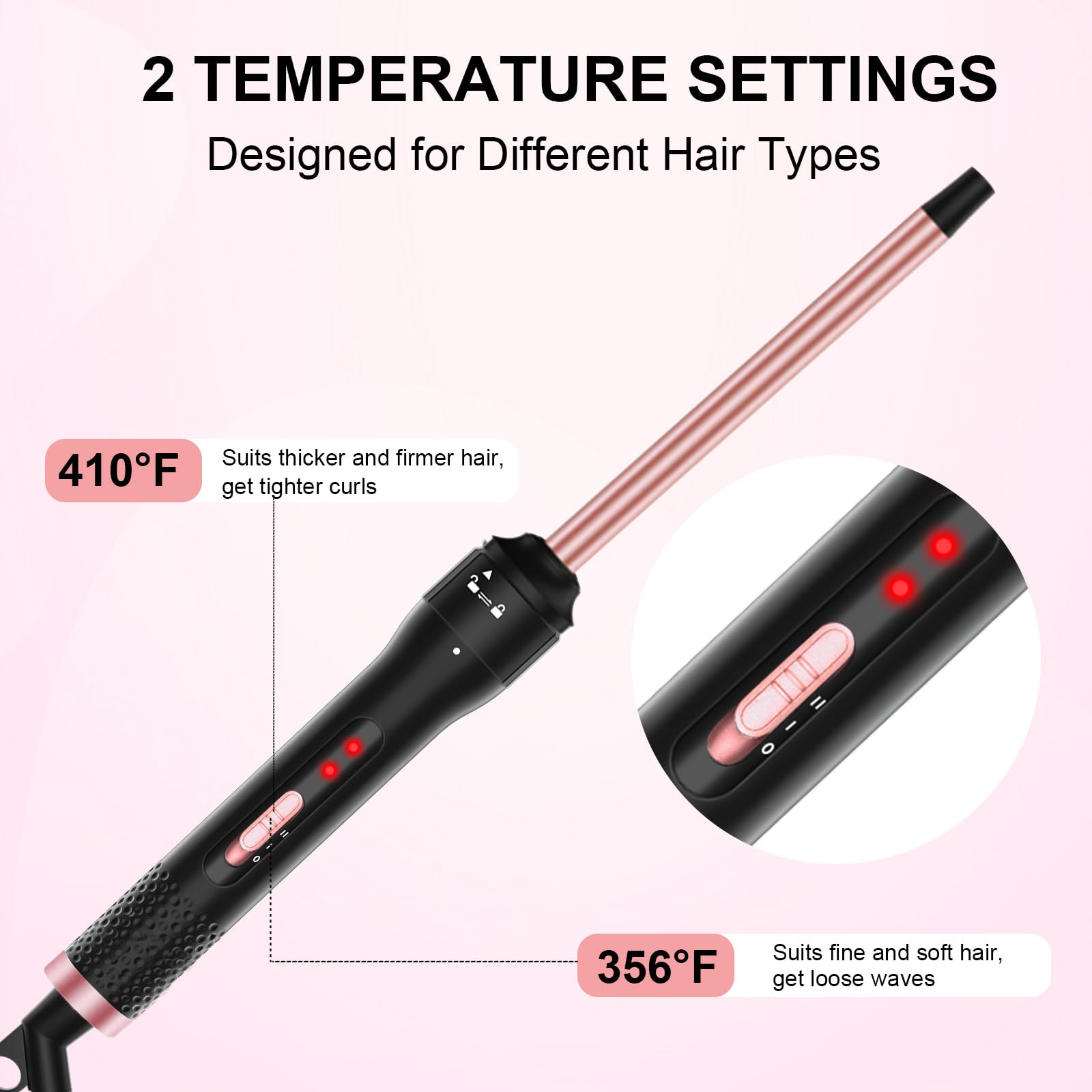 Vnina curling iron temperature dial showing 180/210°C for customizable styling.