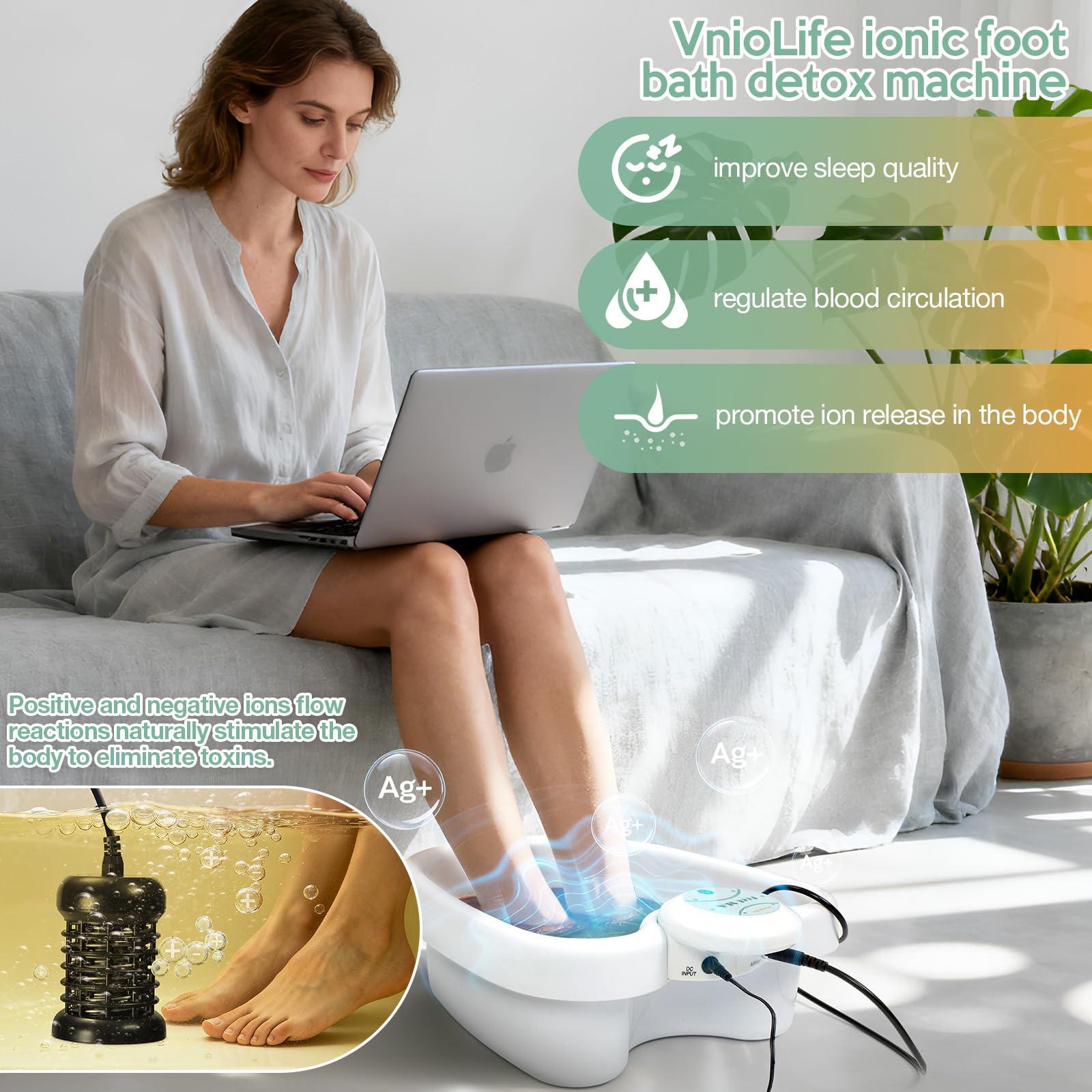 VnioLife foot detox machine in use for relaxing at-home spa sessions
