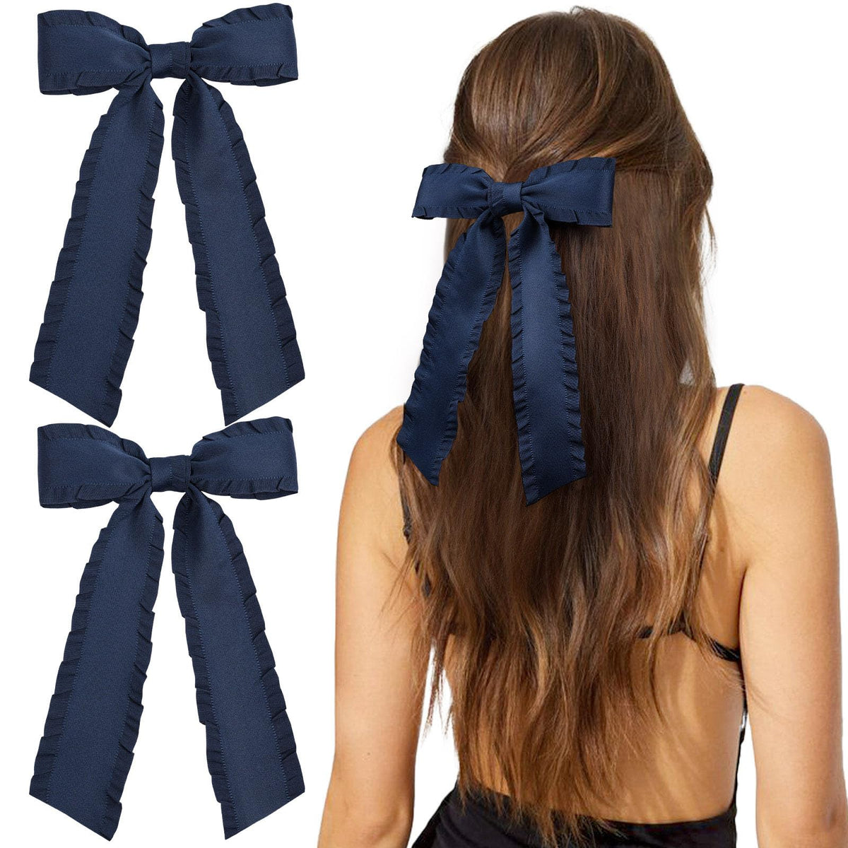 VOBOBE 2pcs navy tassel bows with long tails for versatile styling