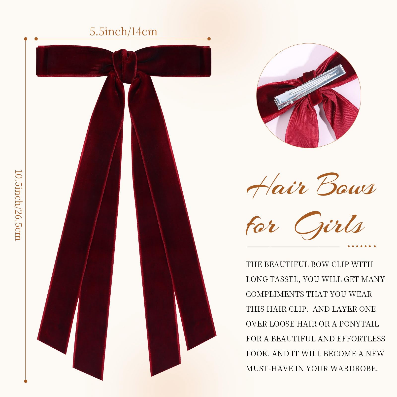 VOBOBE green velvet hair bow with tassel adds playful charm to outfits.