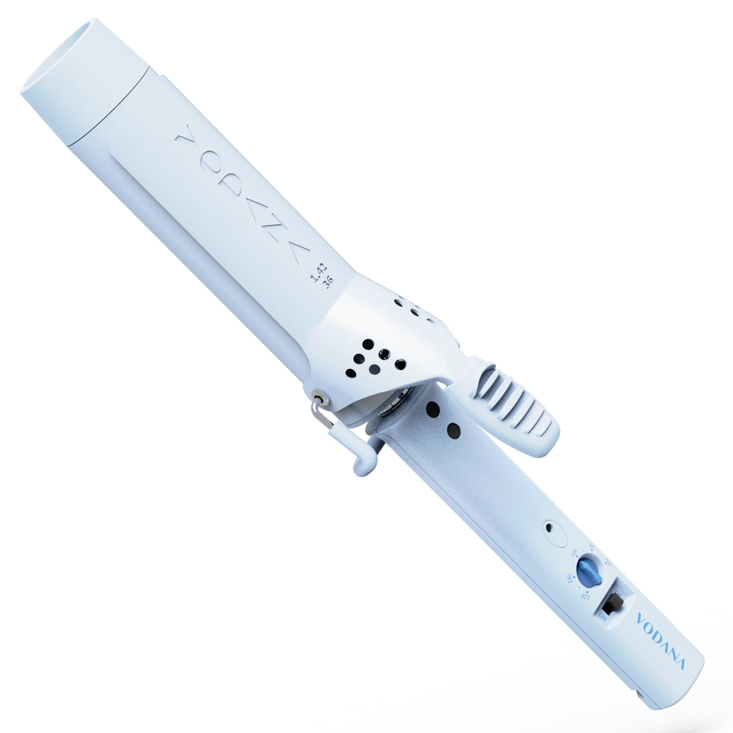 Vodana GlamWave creamy-blue barrel close-up for fast glossy curls